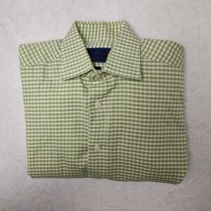 David Donahue Shirt Mens Medium Green Gingham Trim Fit Dress Long Sleeve Cotton